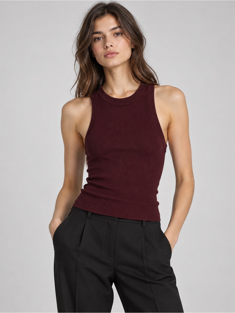Zara Burgundy Ribbed High Neck Fitted Tank Top Women Large